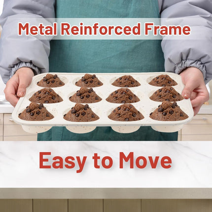 Silicone Muffin Pan, Metal Reinforced Frame Regular &Mini Cupcake Pan Easy to Move Pans Nonstick 12 Cups for Baking -