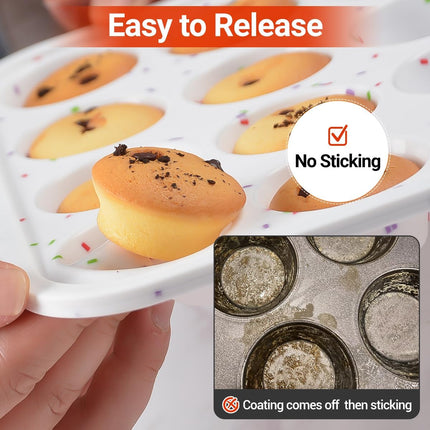 Silicone Muffin Pan, Metal Reinforced Frame Regular &Mini Cupcake Pan Easy to Move Pans Nonstick 12 Cups for Baking -