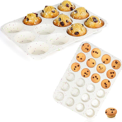 Silicone Muffin Pan, Regular & Mini Size Pan for Baking 12 Cups 24 Non Stick Cupcake Confetti -