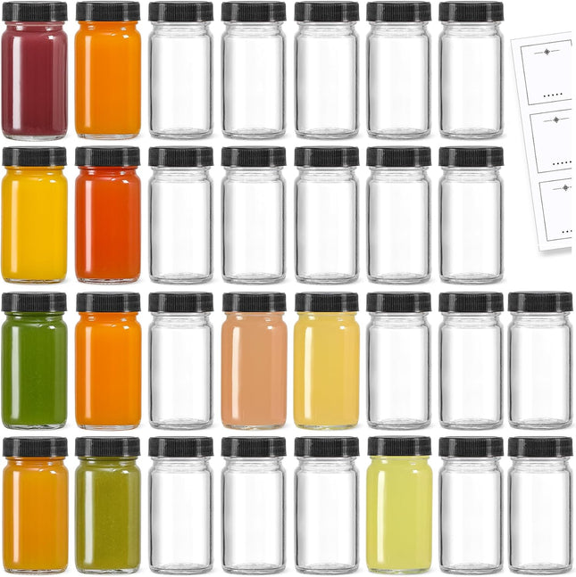 30 Pack 2 oz Glass Shot Bottles w/Black Lids & V1259-DP01-A-4553 in Black / Clear