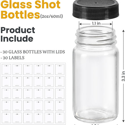 30 Pack 2 oz Glass Shot Bottles w/ Black Lids & Labels - Small Clear Jar for Ginger, Wellness Shot, Juice, Sample, Whiskey Travel Essentials Mini Wide Mouth, Leakproof, Dishwasher Safe Lid
