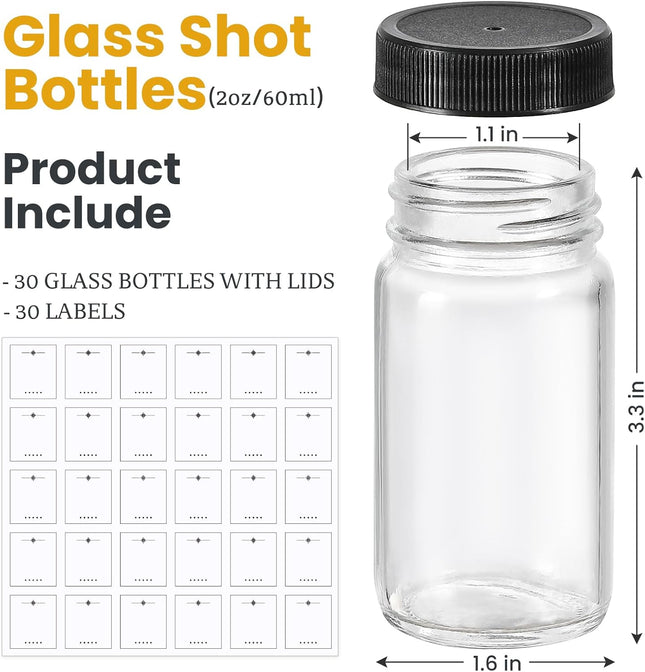 30 Pack 2 oz Glass Shot Bottles w/Black Lids & – product detail