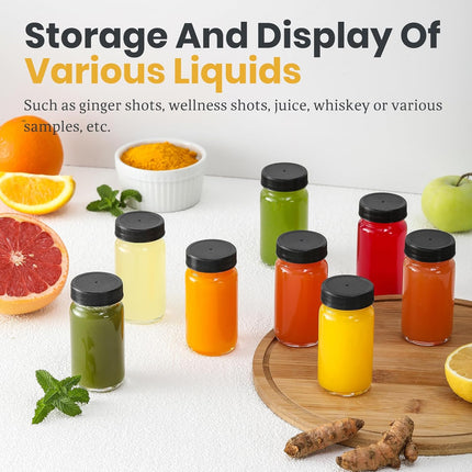 30 Pack 2 oz Glass Shot Bottles w/ Black Lids & Labels - Small Clear Jar for Ginger, Wellness Shot, Juice, Sample, Whiskey Travel Essentials Mini Wide Mouth, Leakproof, Dishwasher Safe Lid