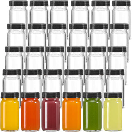 30 Pack 2 oz Glass Shot Bottles w/ Black Lids & Labels - Small Clear Jar for Ginger, Wellness Shot, Juice, Sample, Whiskey Travel Essentials Mini Wide Mouth, Leakproof, Dishwasher Safe Lid