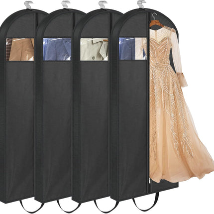 65" Long Garment Bags for Travel, Dress Hanging Clothes, Wedding Cover Women, Closet Storage Gowns, Coats, Black, 4 Pack -