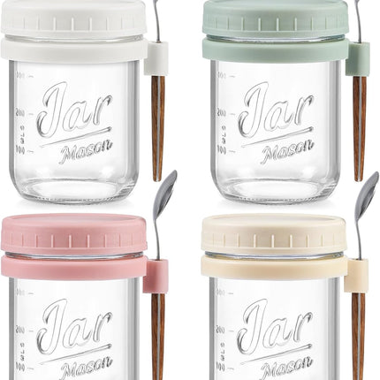 4 Pack Overnight Oats Containers with Lids and Spoons, 16 oz Glass Mason Jars Airtight Lids, for Milk, Cereal, Fruit Light Colors -