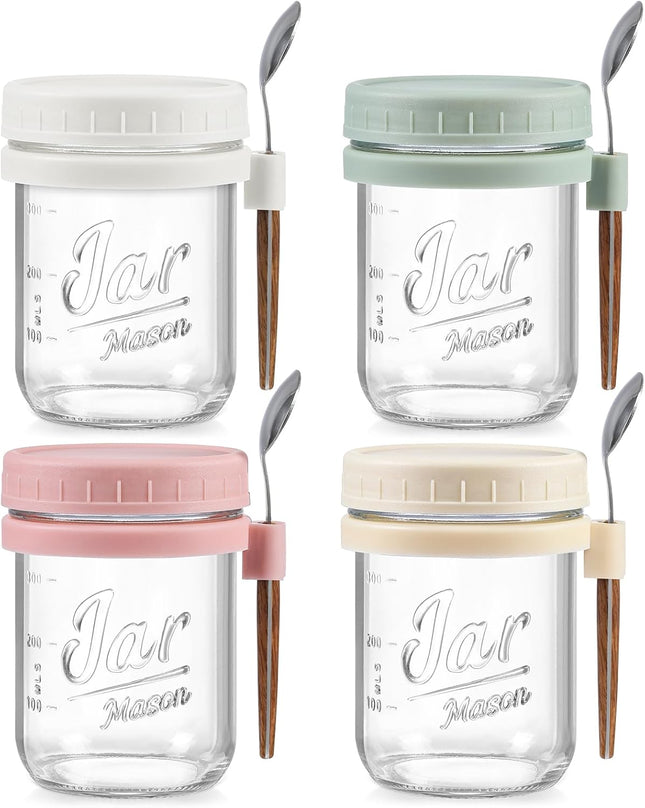 4 Pack Overnight Oats Containers with Lids and Spoons 16 oz Glass Mason Jars Airtight Lids for Milk Cereal