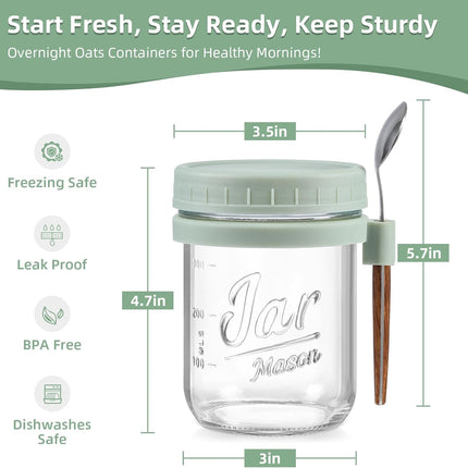 4 Pack Overnight Oats Containers with Lids and Spoons, 16 oz Glass Mason Jars Airtight Lids, for Milk, Cereal, Fruit Light Colors -