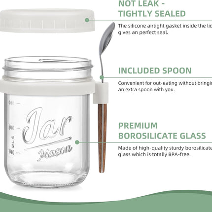 4 Pack Overnight Oats Containers with Lids and Spoons, 16 oz Glass Mason Jars Airtight Lids, for Milk, Cereal, Fruit Light Colors -