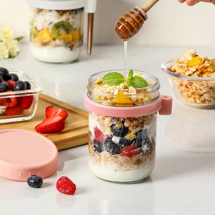 4 Pack Overnight Oats Containers with Lids and Spoons, 16 oz Glass Mason Jars Airtight Lids, for Milk, Cereal, Fruit Light Colors -