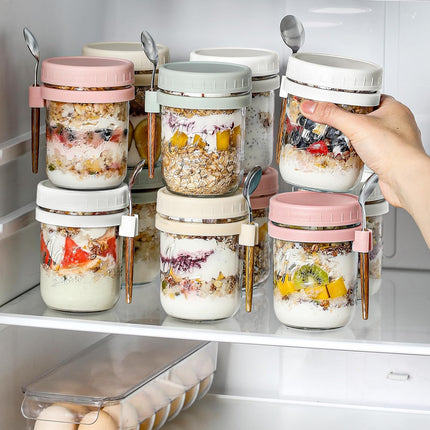 4 Pack Overnight Oats Containers with Lids and Spoons, 16 oz Glass Mason Jars Airtight Lids, for Milk, Cereal, Fruit Light Colors -