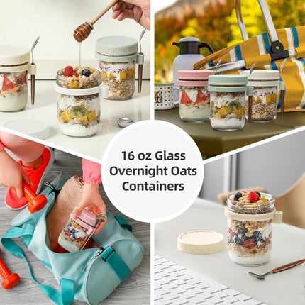 4 Pack Overnight Oats Containers with Lids and Spoons, 16 oz Glass Mason Jars Airtight Lids, for Milk, Cereal, Fruit Light Colors -