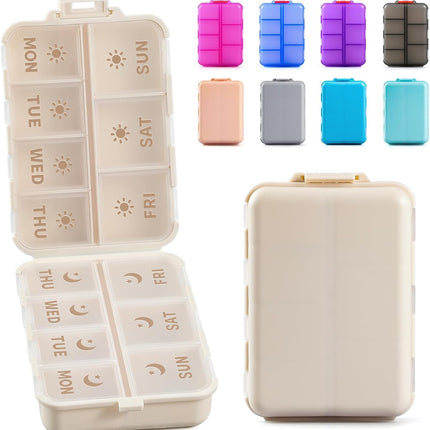 NEW Foldable & Double Protection Portable Weekly Pill Organizer 2 Times A Day with Etched Labels, AM PM 7 Week Medicine Box, Daily Travel Case Holder Dispenser for Vitamin, Supplement - Khaki
