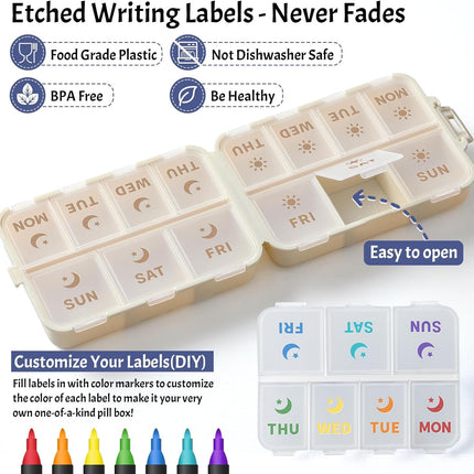 NEW Foldable & Double Protection Portable Weekly Pill Organizer 2 Times A Day with Etched Labels, AM PM 7 Week Medicine Box, Daily Travel Case Holder Dispenser for Vitamin, Supplement - Khaki