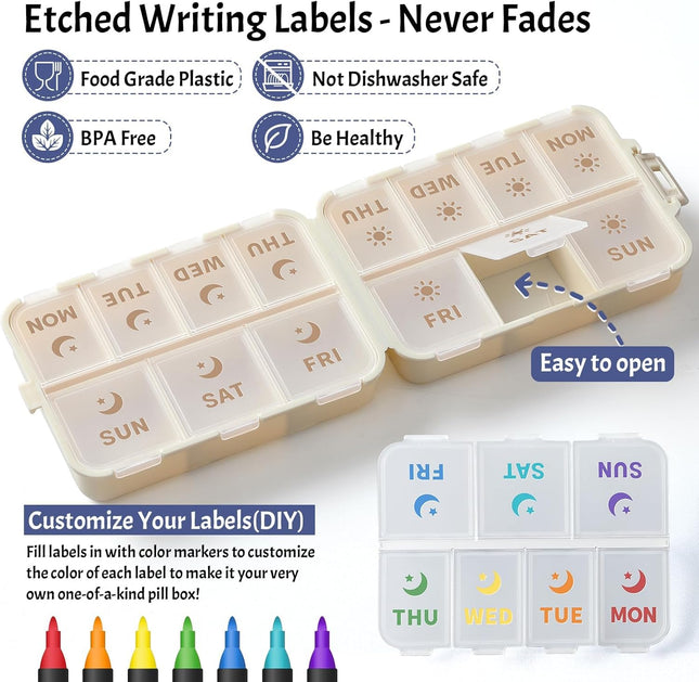 NEW Foldable & Double Protection Portable Weekly Pill Organizer 2 Times A Day with Etched – product detail