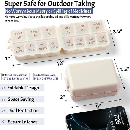 NEW Foldable & Double Protection Portable Weekly Pill Organizer 2 Times A Day with Etched Labels, AM PM 7 Week Medicine Box, Daily Travel Case Holder Dispenser for Vitamin, Supplement - Khaki
