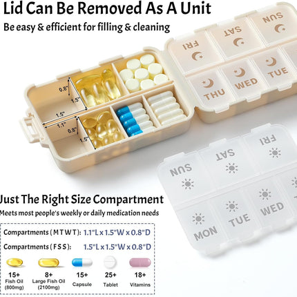 NEW Foldable & Double Protection Portable Weekly Pill Organizer 2 Times A Day with Etched Labels, AM PM 7 Week Medicine Box, Daily Travel Case Holder Dispenser for Vitamin, Supplement - Khaki