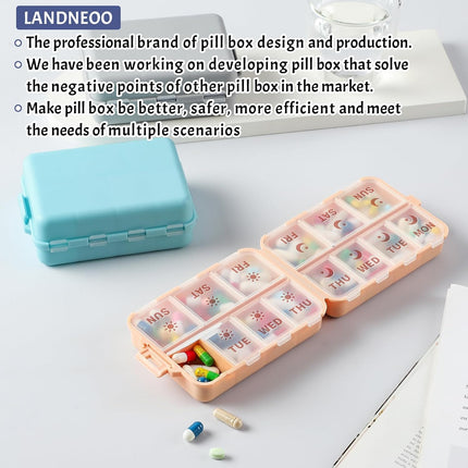 NEW Foldable & Double Protection Portable Weekly Pill Organizer 2 Times A Day with Etched Labels, AM PM 7 Week Medicine Box, Daily Travel Case Holder Dispenser for Vitamin, Supplement - Khaki