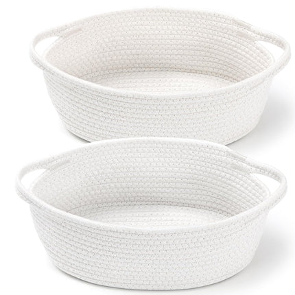 2 Pack Small Woven Basket with Gift Bags and Ribbons, Empty Decorative Chest Box, Cute Baby for Nursery, Cotton Rope Room Shelf Storage Handles, All 12"x 8"x 5",White White -