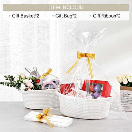 2 Pack Small Woven Basket with Gift Bags and Ribbons, Empty Decorative Chest Box, Cute Baby for Nursery, Cotton Rope Room Shelf Storage Handles, All 12"x 8"x 5",White White -