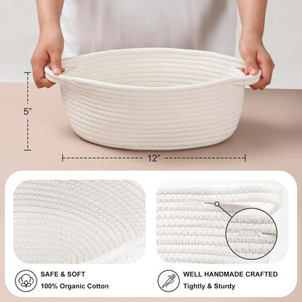 2 Pack Small Woven Basket with Gift Bags and Ribbons, Empty Decorative Chest Box, Cute Baby for Nursery, Cotton Rope Room Shelf Storage Handles, All 12"x 8"x 5",White White -
