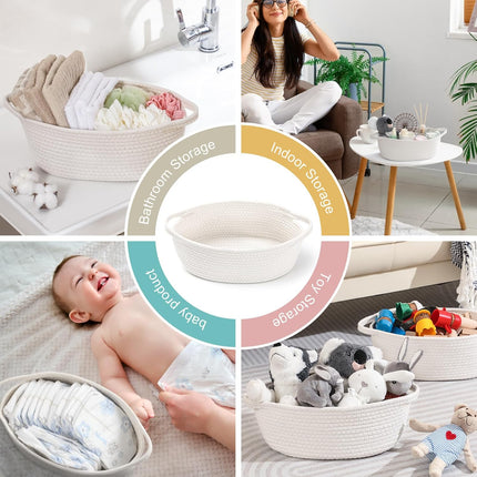 2 Pack Small Woven Basket with Gift Bags and Ribbons, Empty Decorative Chest Box, Cute Baby for Nursery, Cotton Rope Room Shelf Storage Handles, All 12"x 8"x 5",White White -