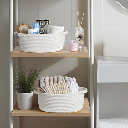 2 Pack Small Woven Basket with Gift Bags and Ribbons, Empty Decorative Chest Box, Cute Baby for Nursery, Cotton Rope Room Shelf Storage Handles, All 12"x 8"x 5",White White -