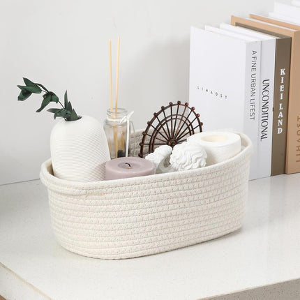 2 Pack Small Woven Basket with Gift Bags and Ribbons, Empty Decorative Chest Box, Cute Baby for Nursery, Cotton Rope Room Shelf Storage Handles, All 12"x 8"x 5",White White -