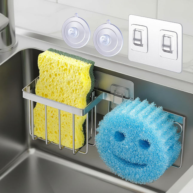 Slim & Space-saving Sponge Holder for Kitchen Sink Caddy Scrub Daddy/Mommy Smiley Face Sink in Silver
