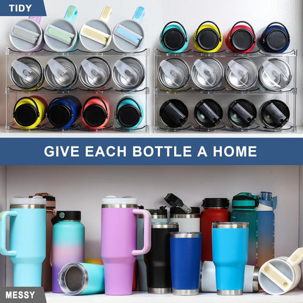LARGER Compartment - 3 Tier Stackable Water Bottle Organizer Holder for Stanley 40oz & Others' Large Tumbler Clear Wine Rack, 12 Cup Cabinet Home Countertop Fridge Pantry Shelf Hold