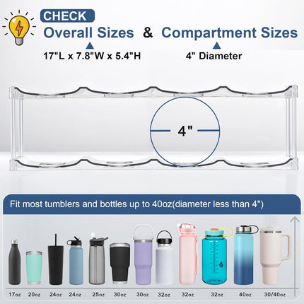 LARGER Compartment - 3 Tier Stackable Water Bottle Organizer Holder for Stanley 40oz & Others' Large Tumbler Clear Wine Rack, 12 Cup Cabinet Home Countertop Fridge Pantry Shelf Hold