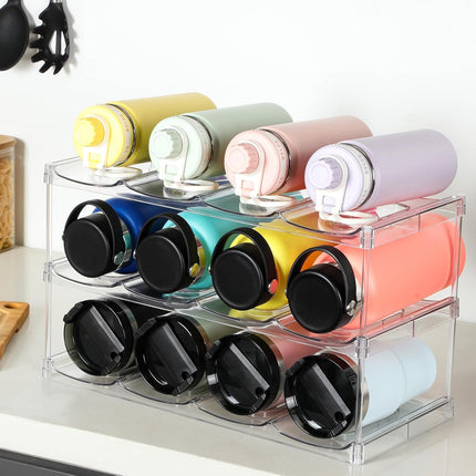 LARGER Compartment - 3 Tier Stackable Water Bottle Organizer Holder for Stanley 40oz & Others' Large Tumbler Clear Wine Rack, 12 Cup Cabinet Home Countertop Fridge Pantry Shelf Hold