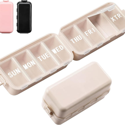 NEW Foldable Weekly Pill Organizer with Extra Grid, Portable 7 Day Box Once / 1 Time a Day, Week Daily Medicine - Large Travel Case Holder Dispenser for Vitamin, Supplement-Khaki Khaki