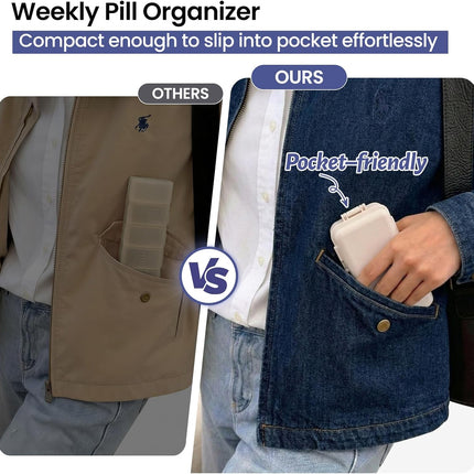 NEW Foldable Weekly Pill Organizer with Extra Grid, Portable 7 Day Box Once / 1 Time a Day, Week Daily Medicine - Large Travel Case Holder Dispenser for Vitamin, Supplement-Khaki Khaki