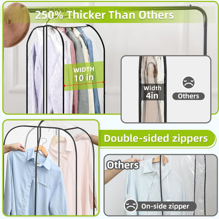 2 Pack Clear Garment Bags for Hanging Clothes with Zippers on Double Sides - 10'' Storage Coat, Dress, and Fur in Closet 40'' Long Suit