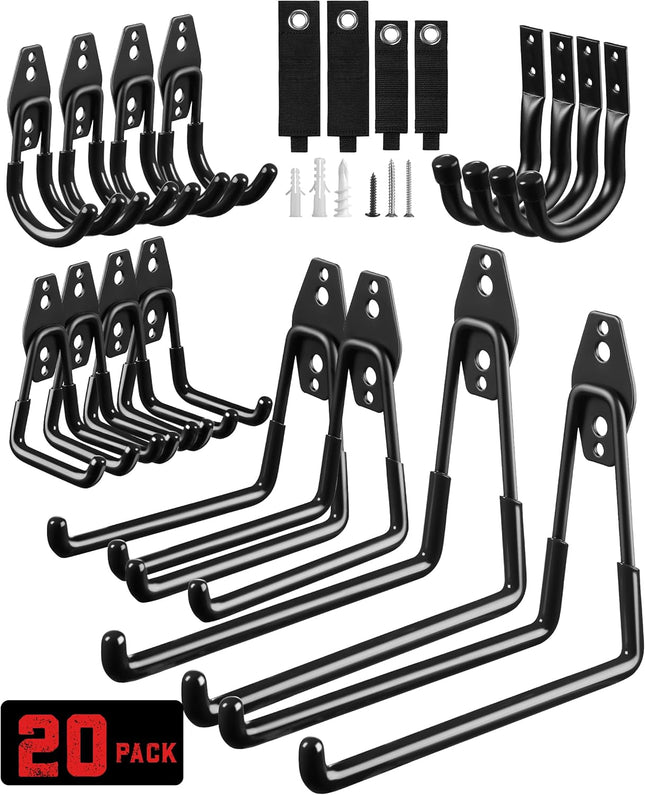Garage Hooks 20-Pack Steel Accessories for Organization and Storage Heavy Wall Mount Duty Hooks in Black