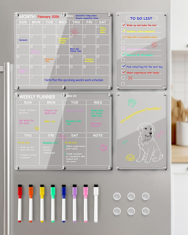4 Pack Acrylic Magnetic Calendar for Refrigerator Set Clear Monthly Weekly Daily Dry Erase