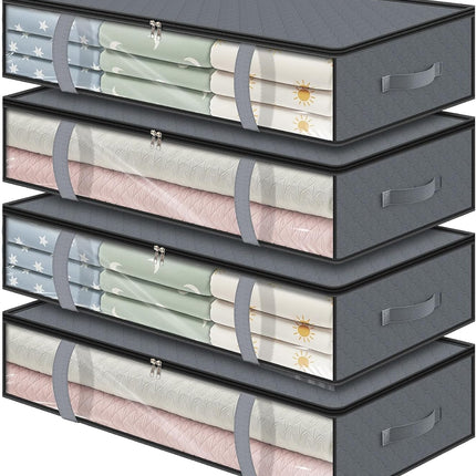 4 Pack 90L Under Bed Storage Containers - Underbed for Clothes, Blankets Closet Organizers and Bags the Bins with Handles & Clear Front