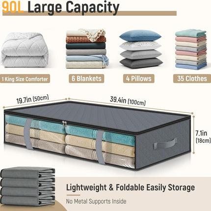 4 Pack 90L Under Bed Storage Containers - Underbed for Clothes, Blankets Closet Organizers and Bags the Bins with Handles & Clear Front