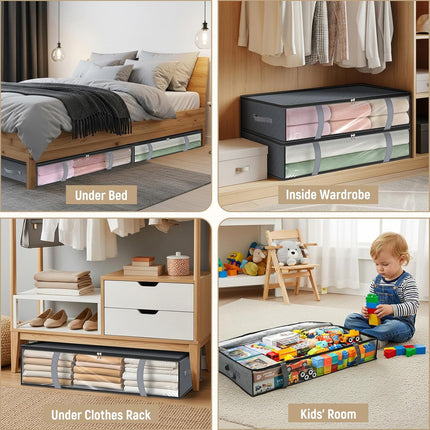 4 Pack 90L Under Bed Storage Containers - Underbed for Clothes, Blankets Closet Organizers and Bags the Bins with Handles & Clear Front