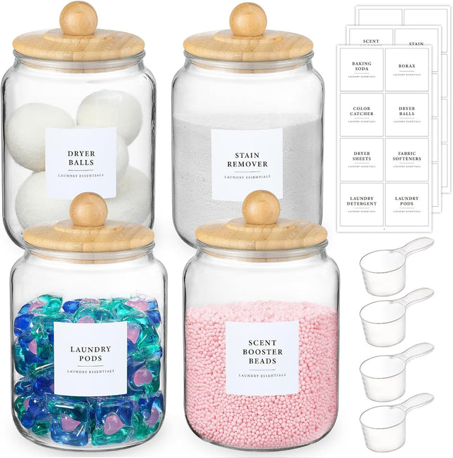 4 Pack Glass Jars with Bamboo Lids and Labels Containers for Laundry Room Organization Storage in Clear