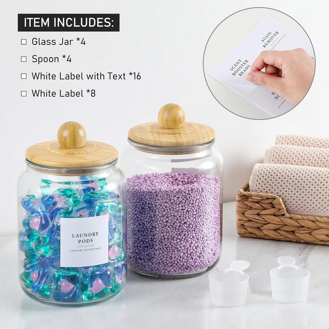 4 Pack Glass Jars with Bamboo Lids and Labels Containers for Laundry Room Organization Storage – product detail