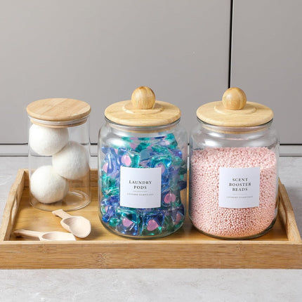 4 Pack Glass Jars with Bamboo Lids and Labels, Containers for Laundry Room Organization Storage, Half Gallon Airtight jars Holder Detergent, Pods, Scent Booster Beads clear -