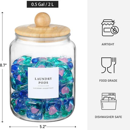 4 Pack Glass Jars with Bamboo Lids and Labels, Containers for Laundry Room Organization Storage, Half Gallon Airtight jars Holder Detergent, Pods, Scent Booster Beads clear -
