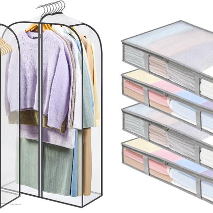 4 Packs Under Bed Storage Containers Bins-55L, 2 Pack Clear Garment Bags-40'' Long -
