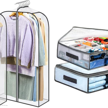 2 Packs Under Bed Storage Containers Bins-55L, Pack Clear Garment Bags-40'' Long -