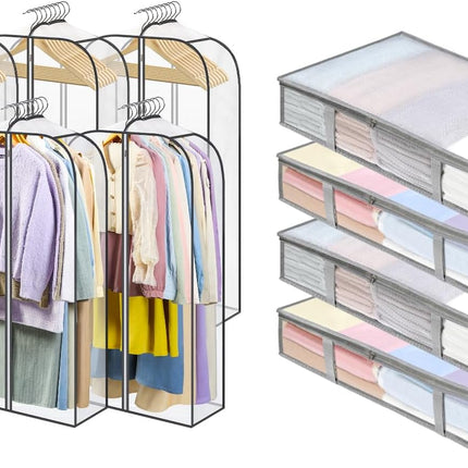 4 Packs Under Bed Storage Containers Bins-55L, 6 Pack Clear Garment Bags-40'' Long -
