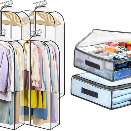 2 Packs Under Bed Storage Containers Bins-55L, 6 Pack Clear Garment Bags-40'' Long -