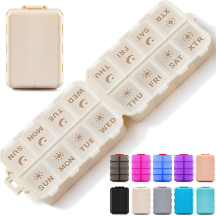 Foldable & Portable Pill Organizer 2 Times A Day with Extra Compartments + 3 Pack 14 GRIDS Travel Box Bulk Meds Labels -