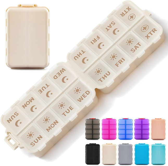 Foldable & Portable Pill Organizer 2 Times A Day with Extra Compartments Plus 3 Pack 14 GRIDS Travel Box